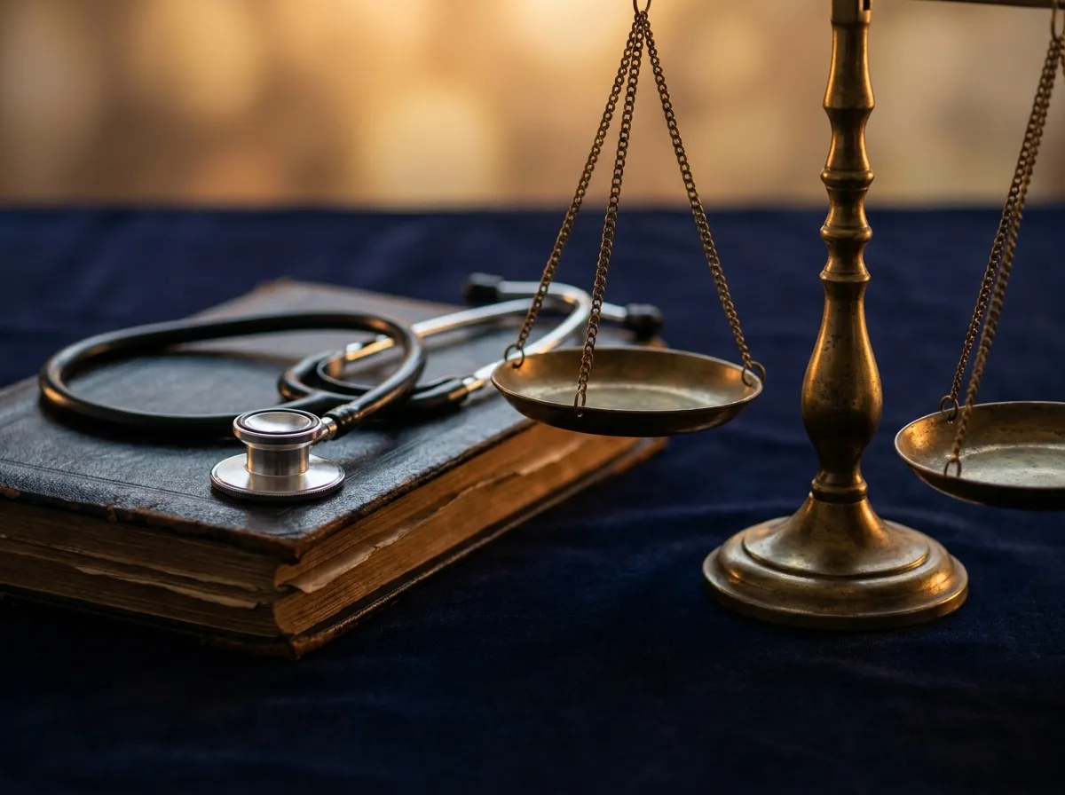 Brass scales of justice beside a stethoscope on legal documents